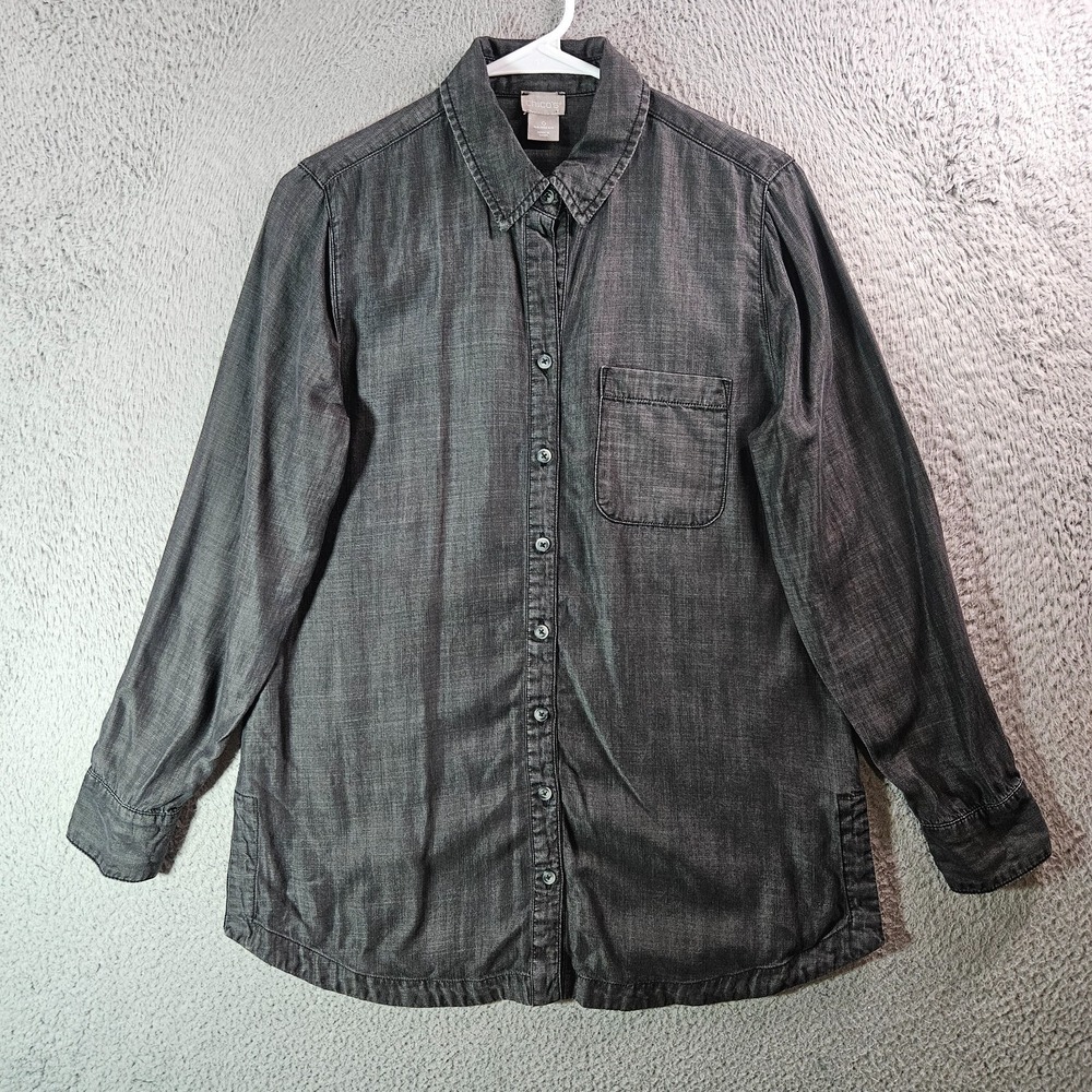 Chico's Shirt Top Women Size 0 US 4 6 Lyocell Button Long Sleeve Charcoal Gray
